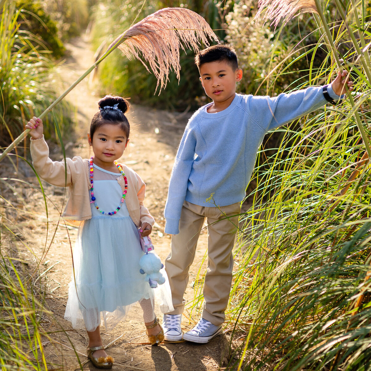 Brother and sister posing in tall grass at sunset during family session – Bay Area Photographer Services – Ellobelle Photography