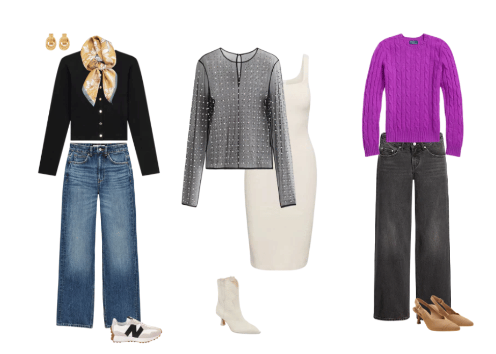 A wardrobe flat lay showing a black top paired with a bright accent color, illustrating how to balance black with your best colors.