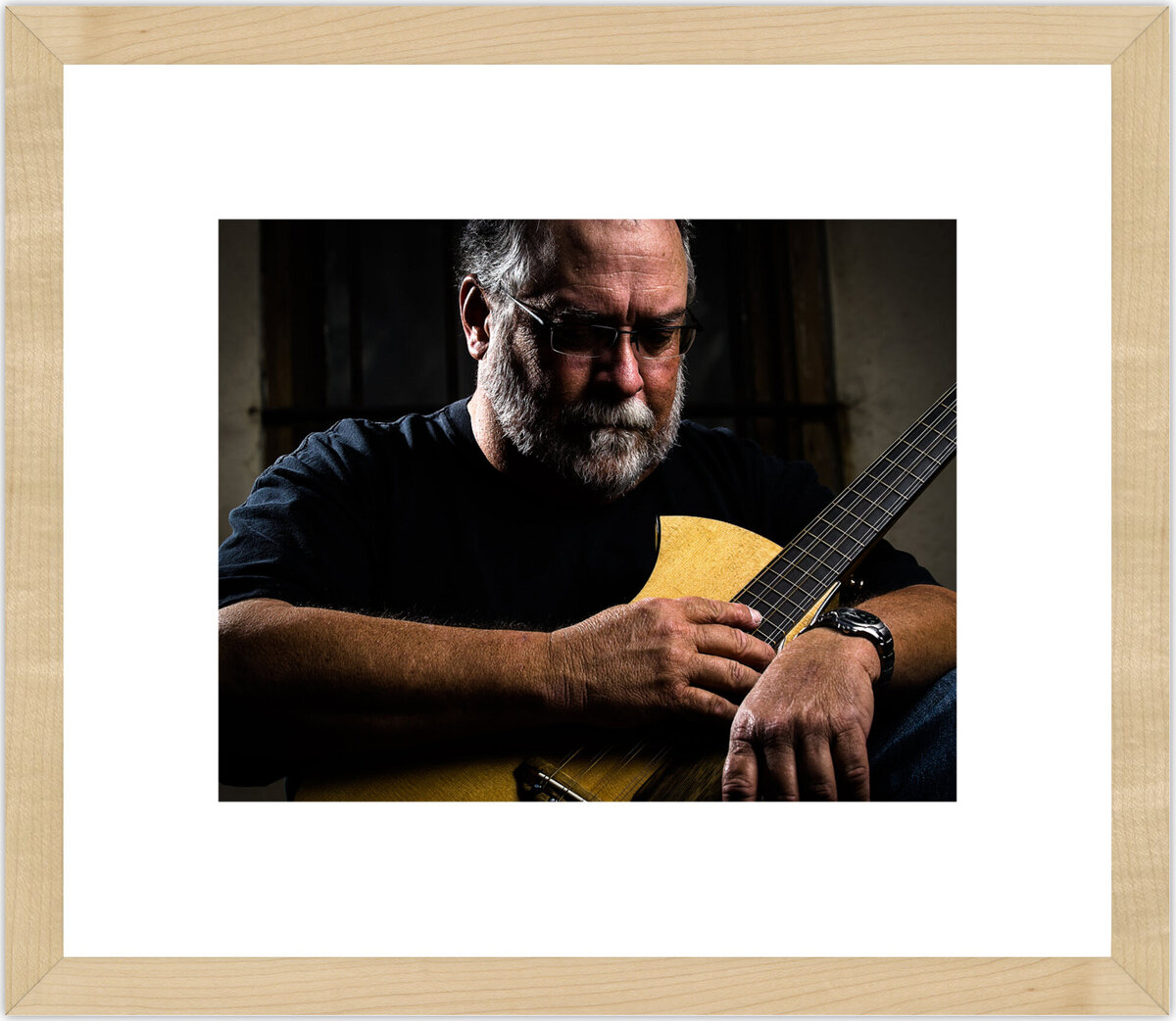 Gifted Musician with his Hand-Made Guitar portrait mounted in a Gallery Soho Maple  frame with a White Mat