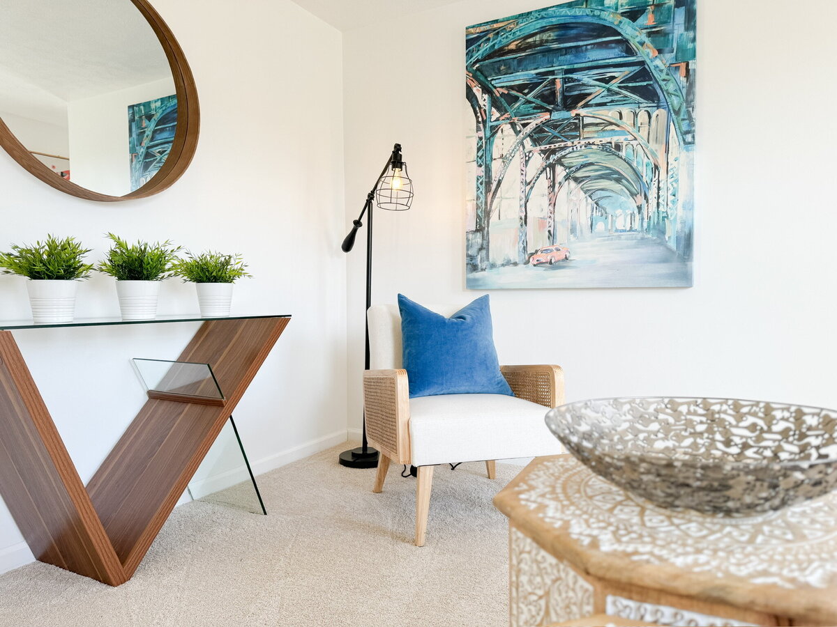 Seating area with blue accents and modern