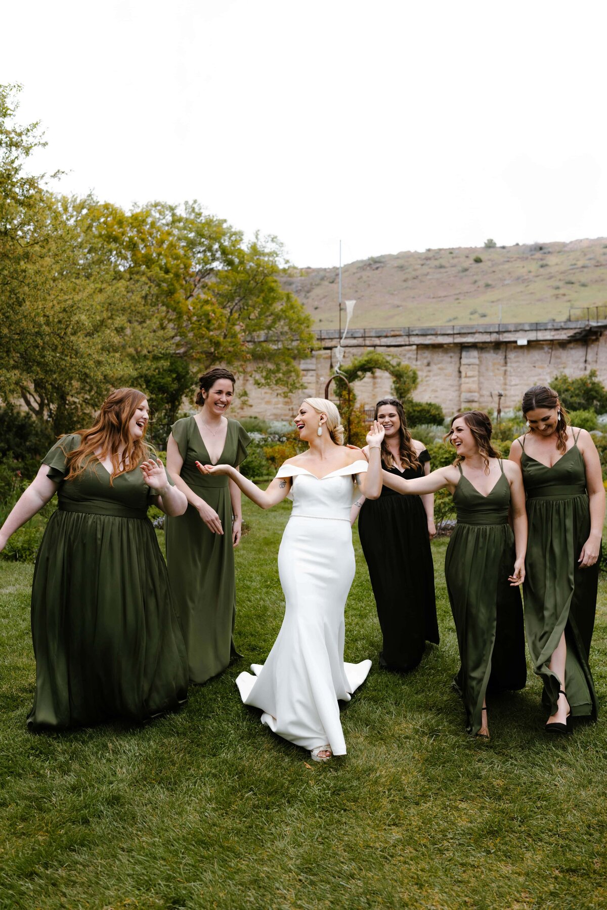 A bridal party photo at the Idaho Botanical Garden before a wedding