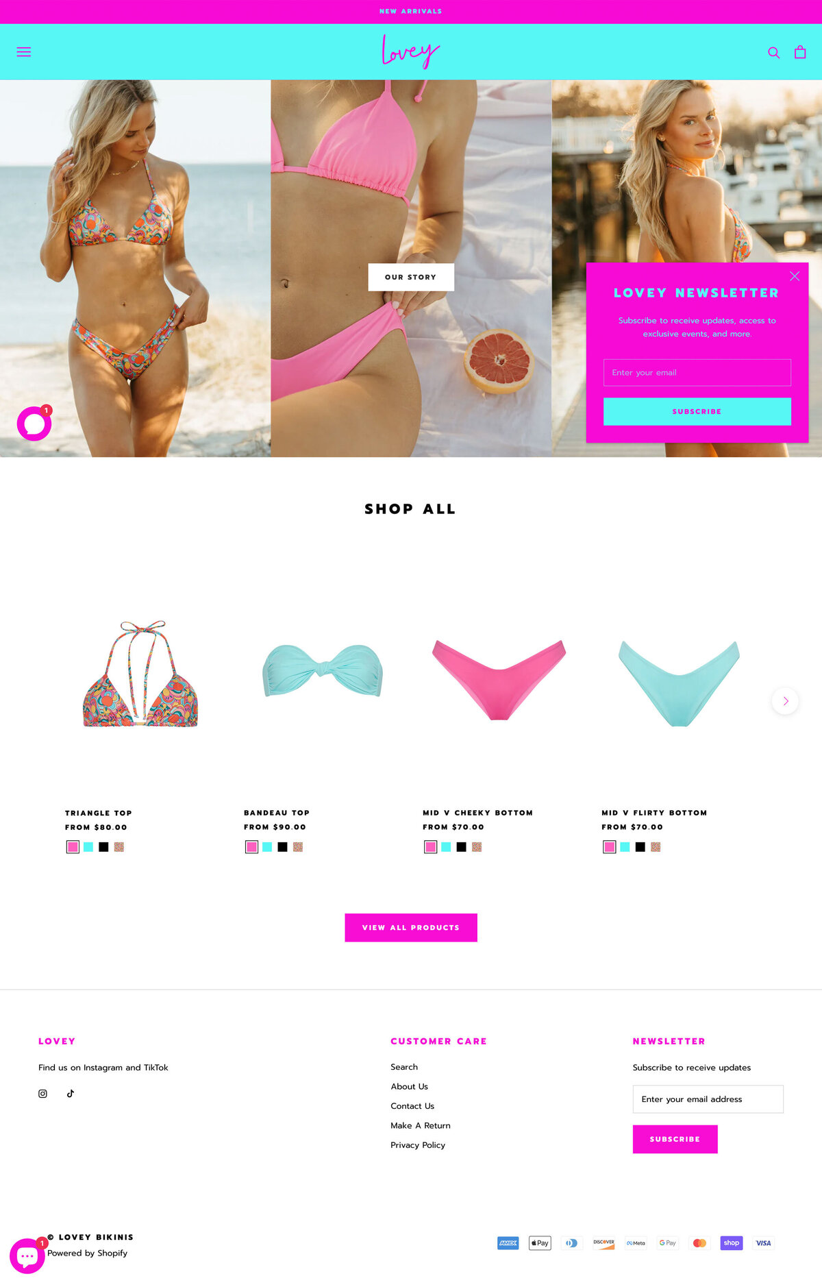 Homepage design of Lovey website with neon blue and pink color details