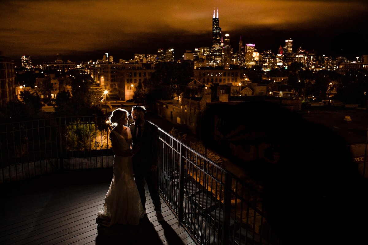 A wedding portrait at night during a Lacuna Artist Lofts wedding in Chicago.