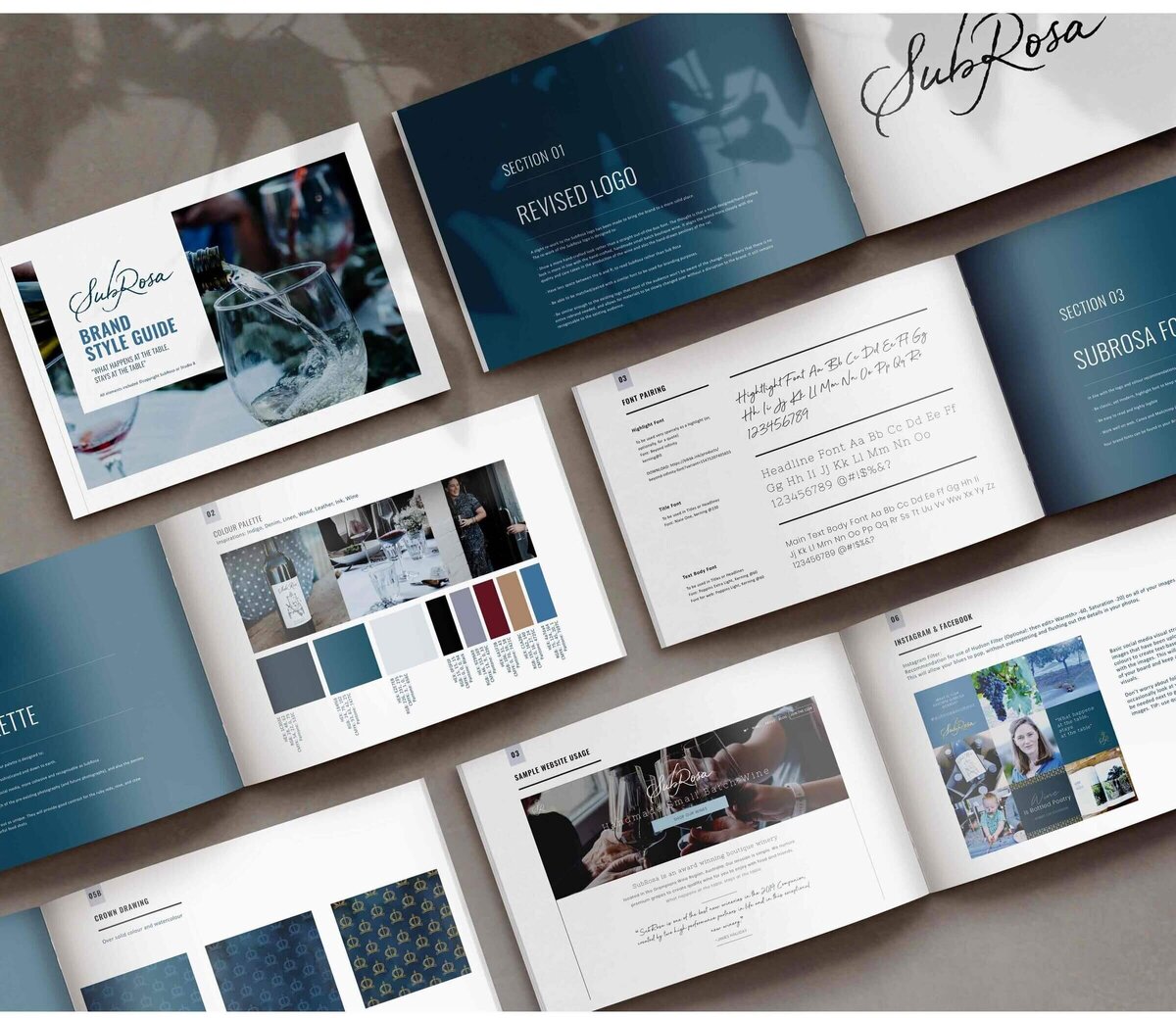 Blue and white brand guidelines for Subrosa Winery