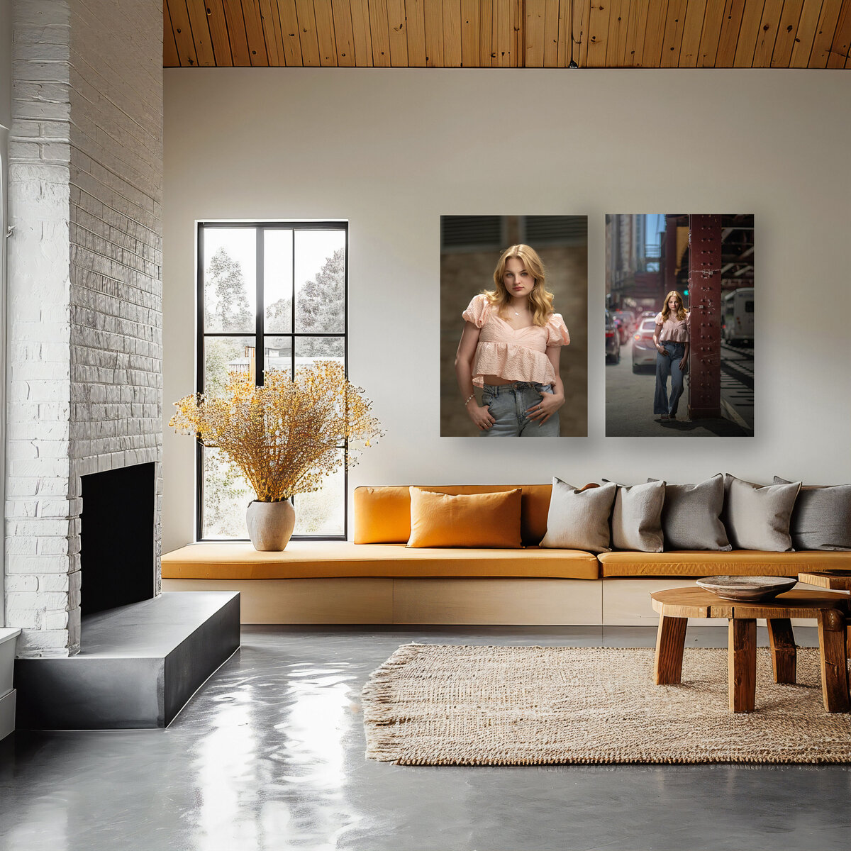 Two fine art senior portraits hang on wall of living room