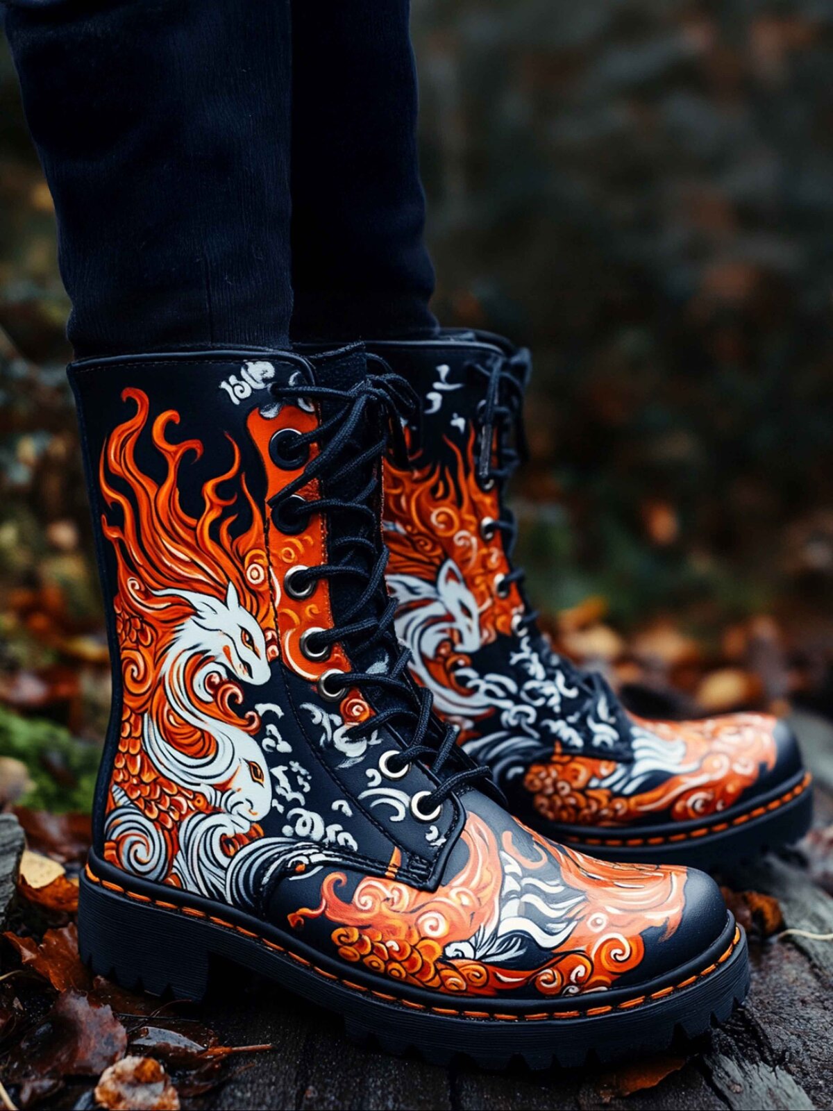 A branded photography shot of custom one-of-one boots with an asian inspired design