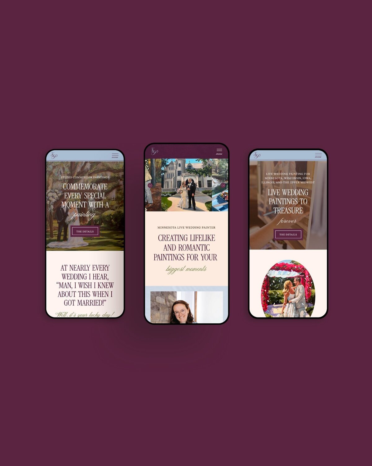 A professional mockup showing three mobile views of the Korianne Paints website. These screens highlight the cohesive design, cozy color palette, and elegant typography for her Minnesota wedding painting business.