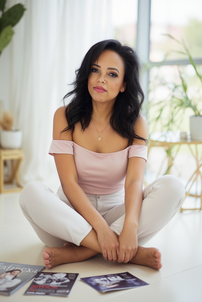 a_woman_sitting_cross-legged_on_the_floor_with_magazine_clippings_around_her_her_hair_falls_in_long_e6sxvyxkt4ho12bi4ow6_0