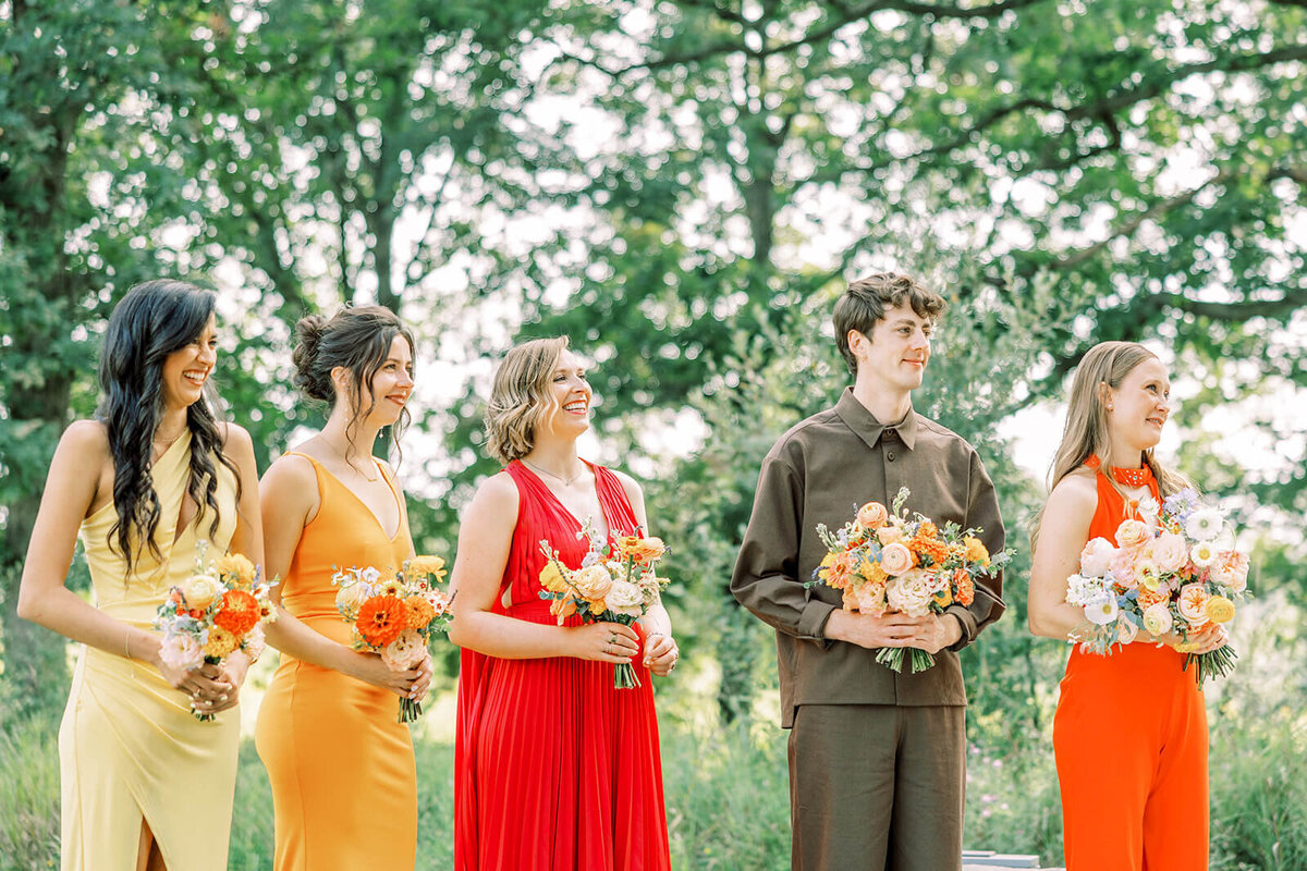 colorful multi-colored bridesmaids dresses