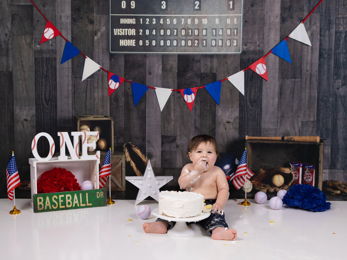 Red, white, and blue rookie of the year first birthday cake smash with baby boy – Studio cake smash session in Waldwick New Jersey