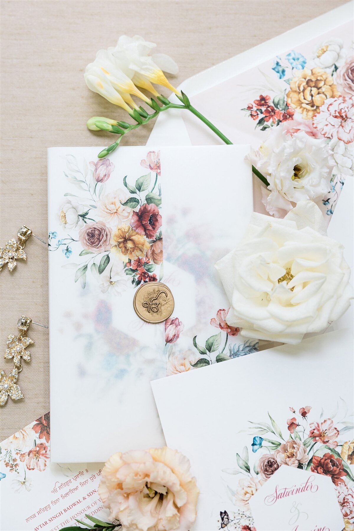 Ivory florals vellum wrap wedding invitation 2