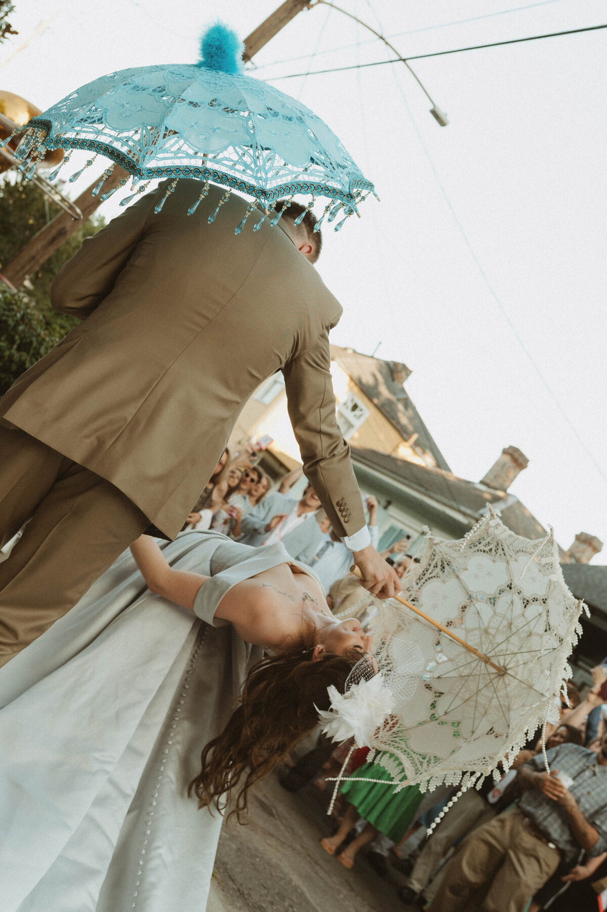 Bride wearing blue dress