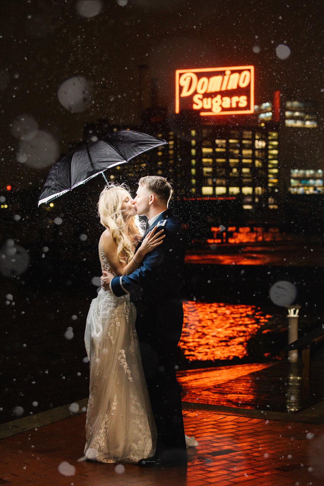 Rainy wedding with the Domino Sugars sign at the Baltimore Museum of Industry wedding