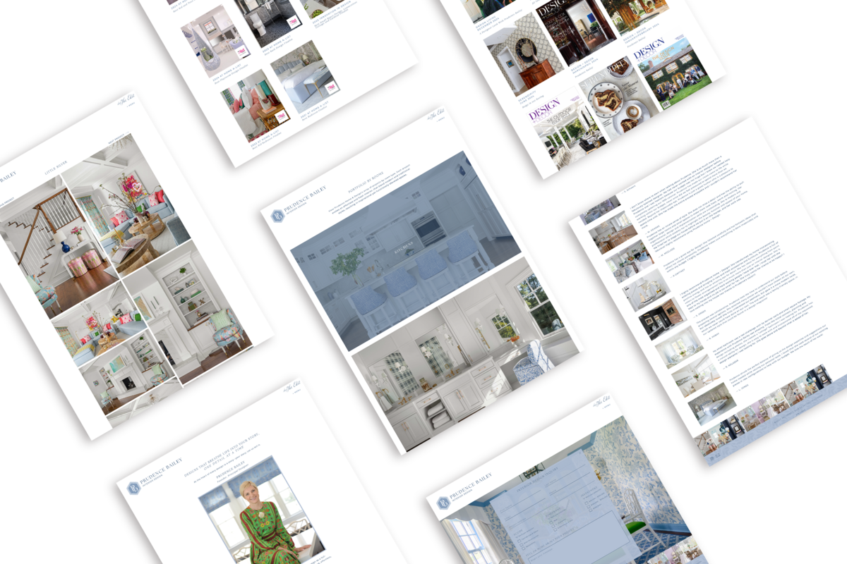 Web pages of Prudence Bailey Interior Design floating at 45 degree angle