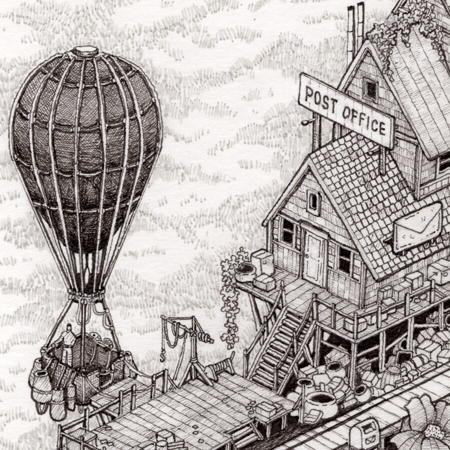 Close up of the Hot Air Balloon mail delivery service station. Docked with the Post Office Branch. Pen and ink illustration. Whimsical.