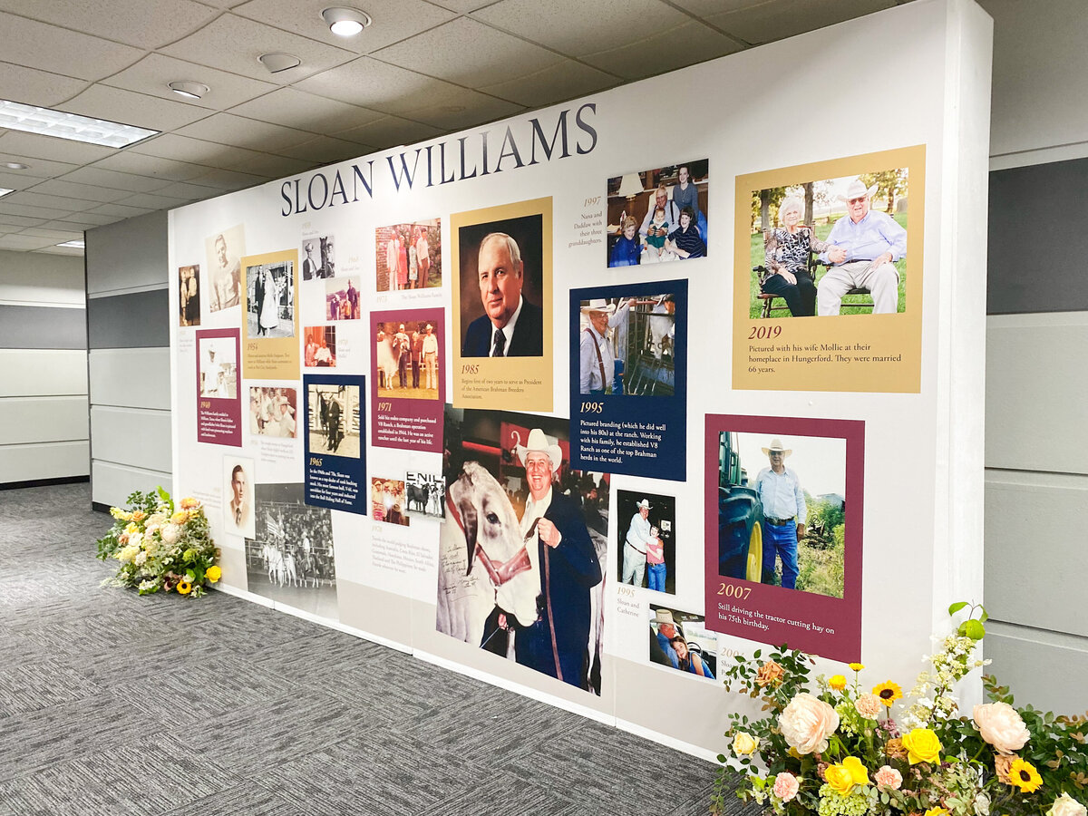 Custom backdrop displaying large photographs as a timeline and decorated with floral arrangements