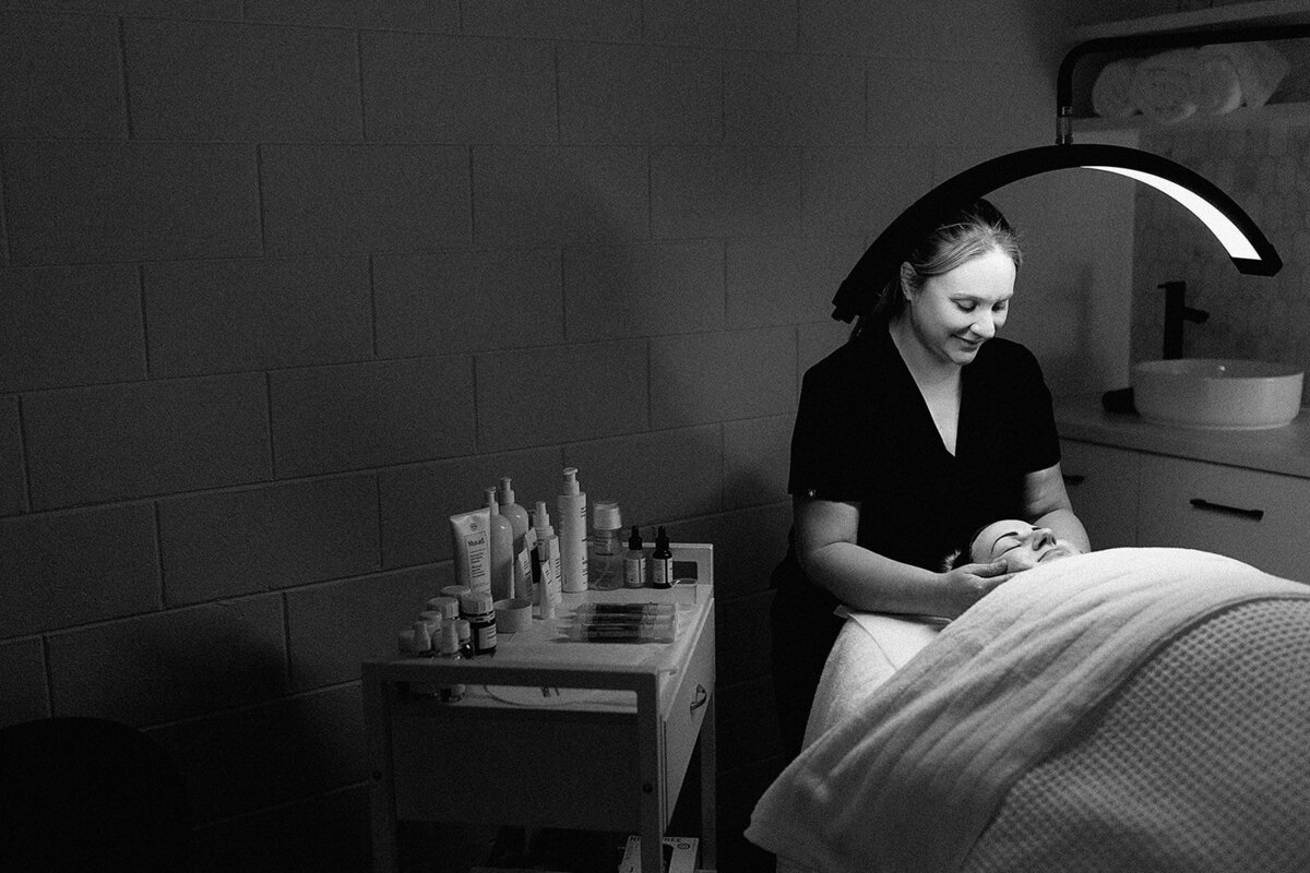 Sally Shakespeare (BHthSc Dermal Sci) owner of Skin and Tonic Warrnambool performing a skin treatment in clinic