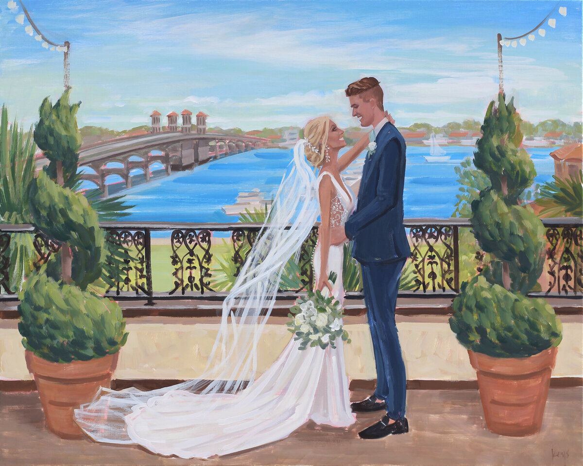 Live Wedding Painter, Ben Keys, created live painting of bride and groom first look overlooking the Bridge of Lions in St. Augustine, FL