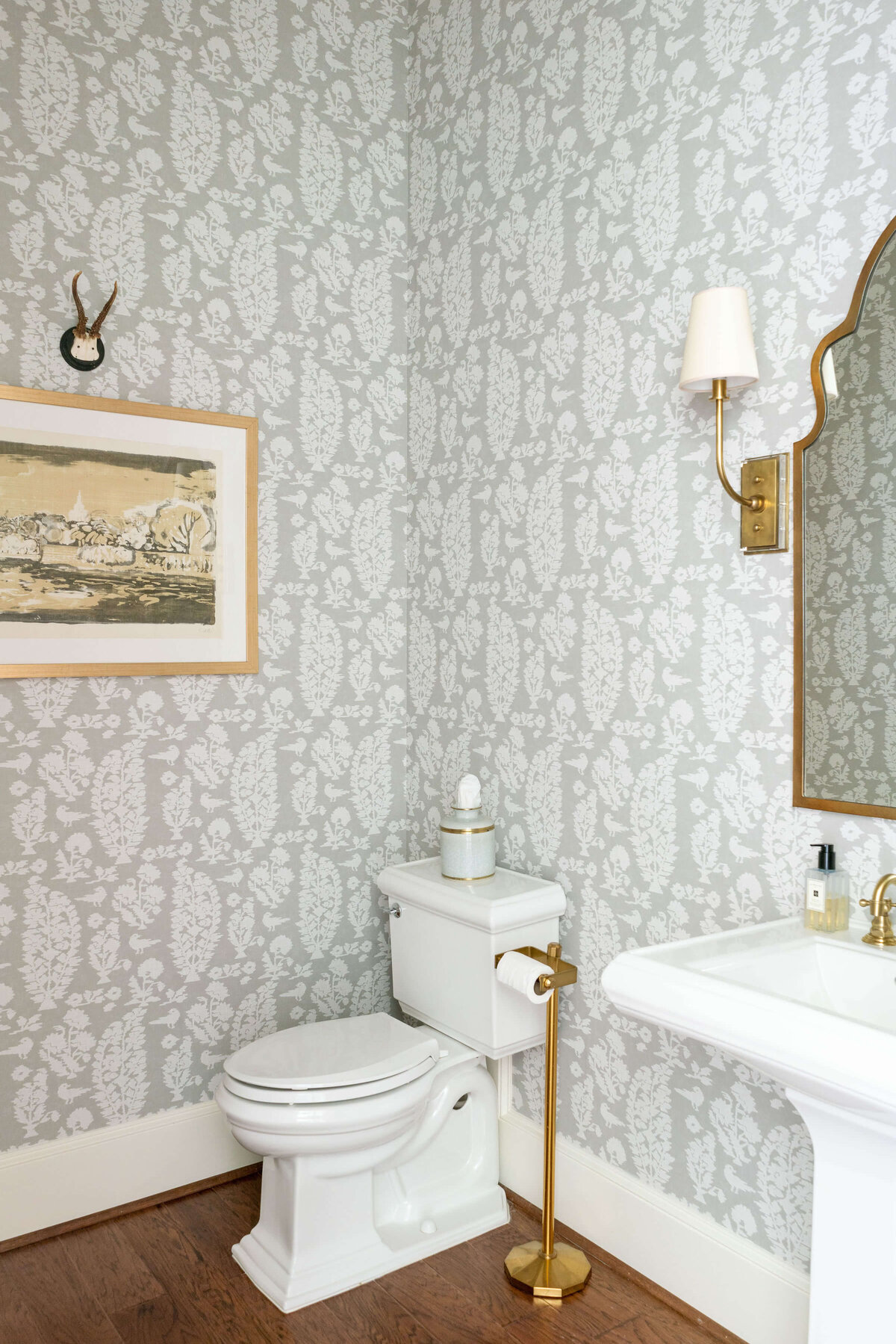 oyster creek studios heathcott taupe patterned wallpaper in bathroom