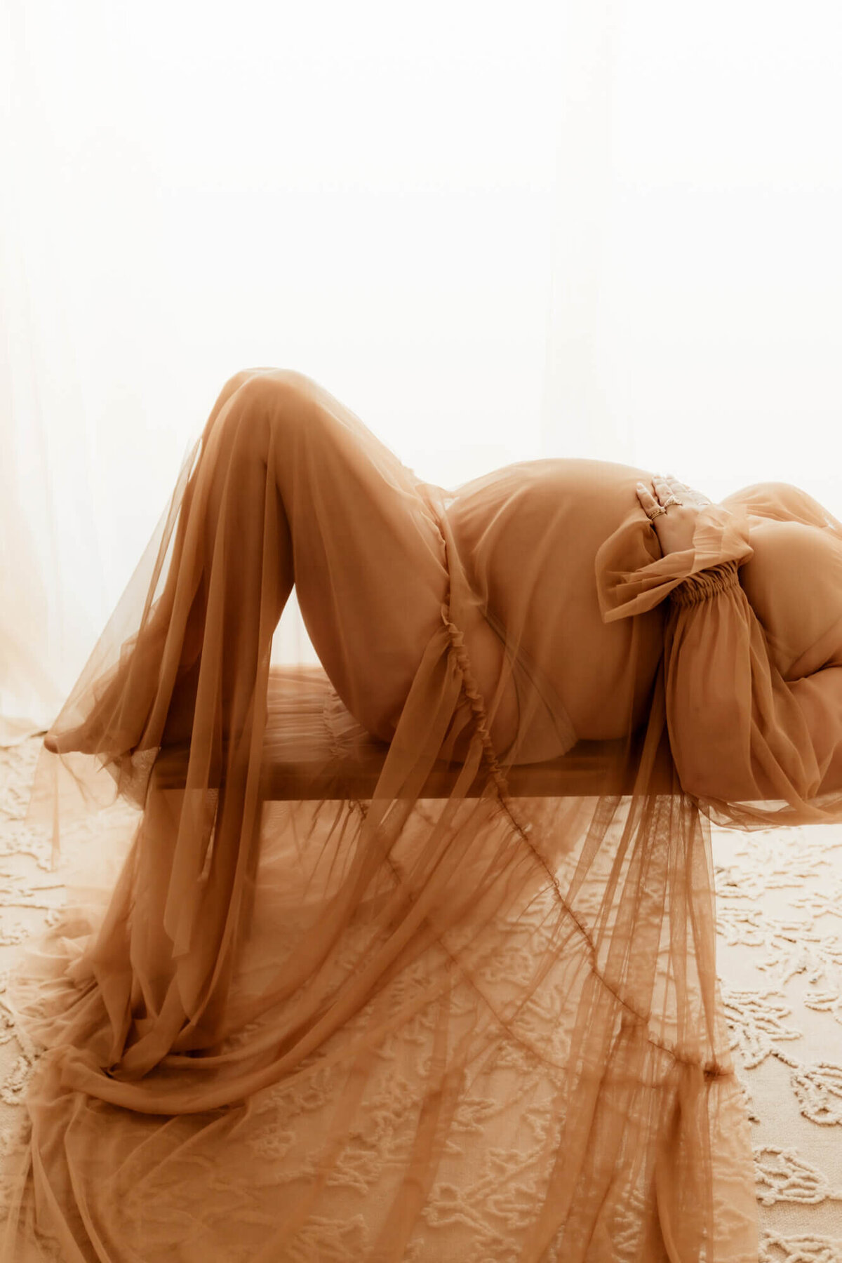 Baby bump photo of a pregnant woman wearing a sheer tan dress.