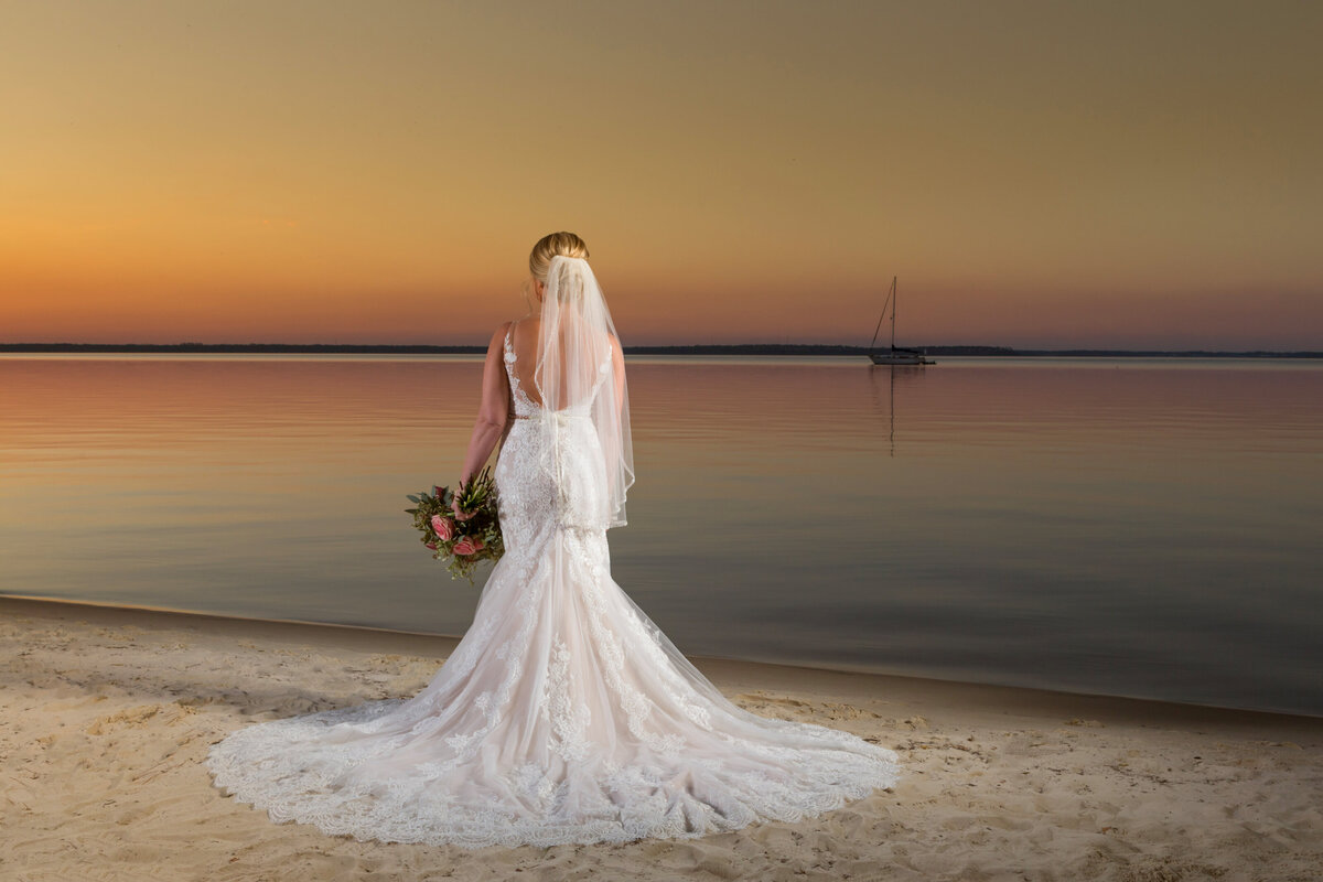 Sunset bridal shot at The Coastal Arts Center in Orange Beach, Alabama.