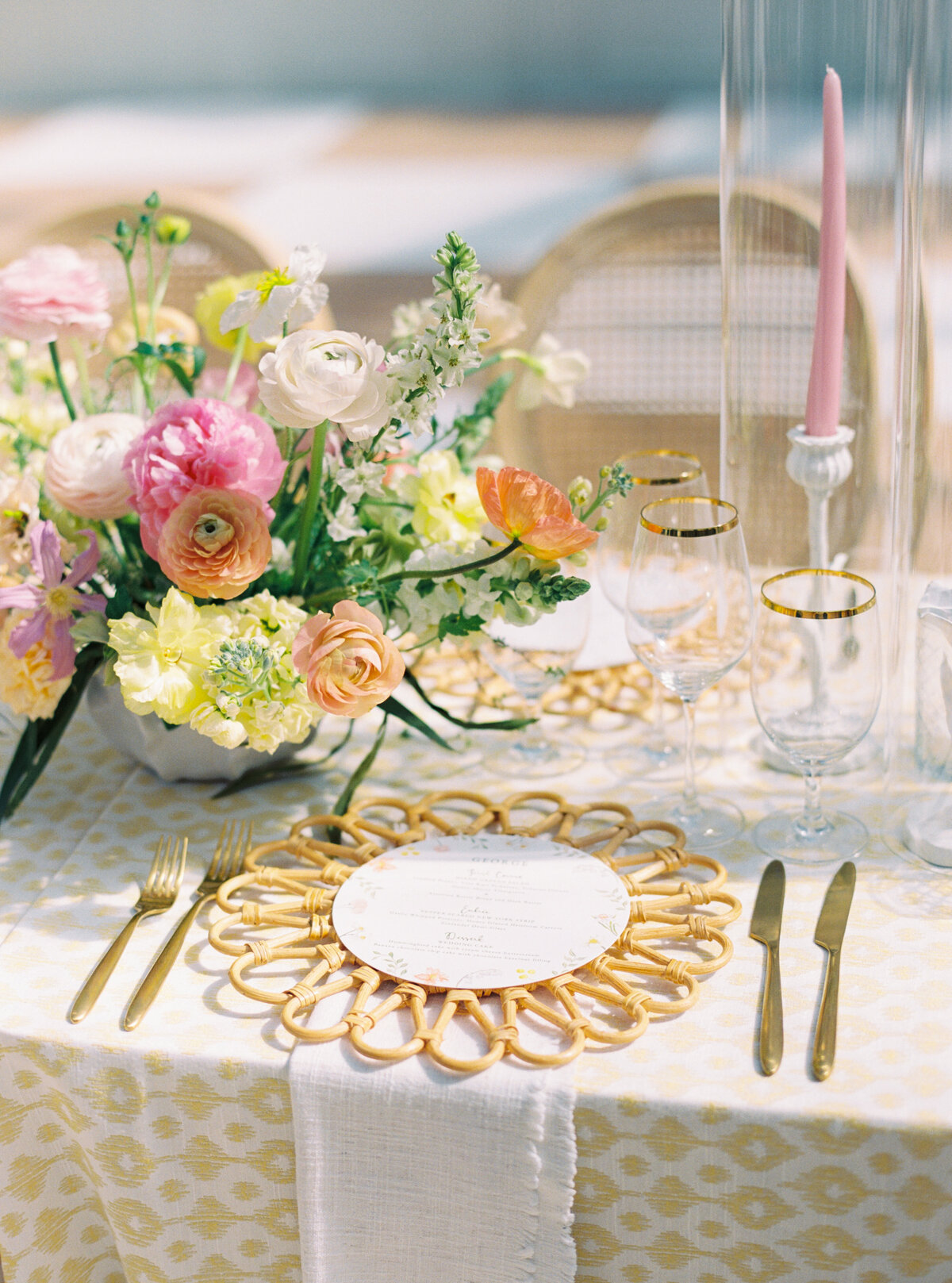 Charleston spring wedding place setting. yellow patterned table linen. spring flowers. destination photographer