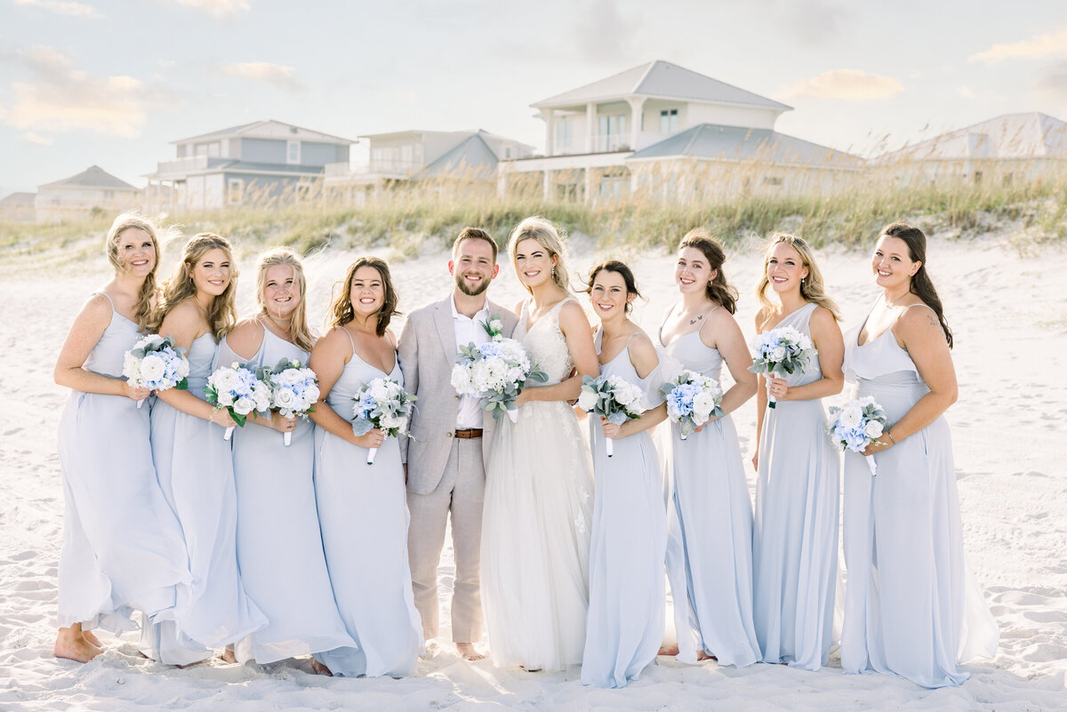 Bride & Groom with bridesmaids during private beach wedding, Pensacola Beach FL