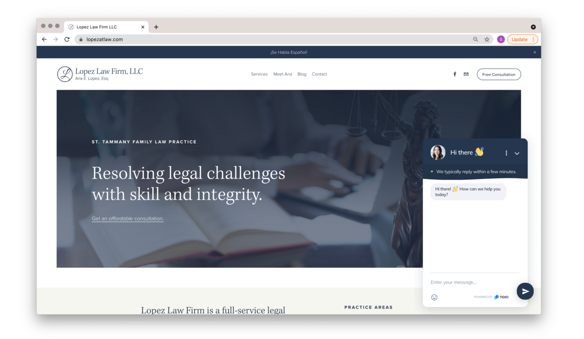 Homepage and Live Chat feature on the Lopez Law Firm Website Design
