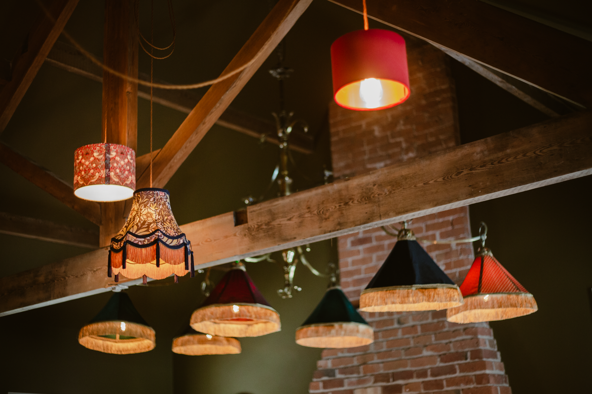 Close-up of the lampshade installation inside The White Lion at Hankelow