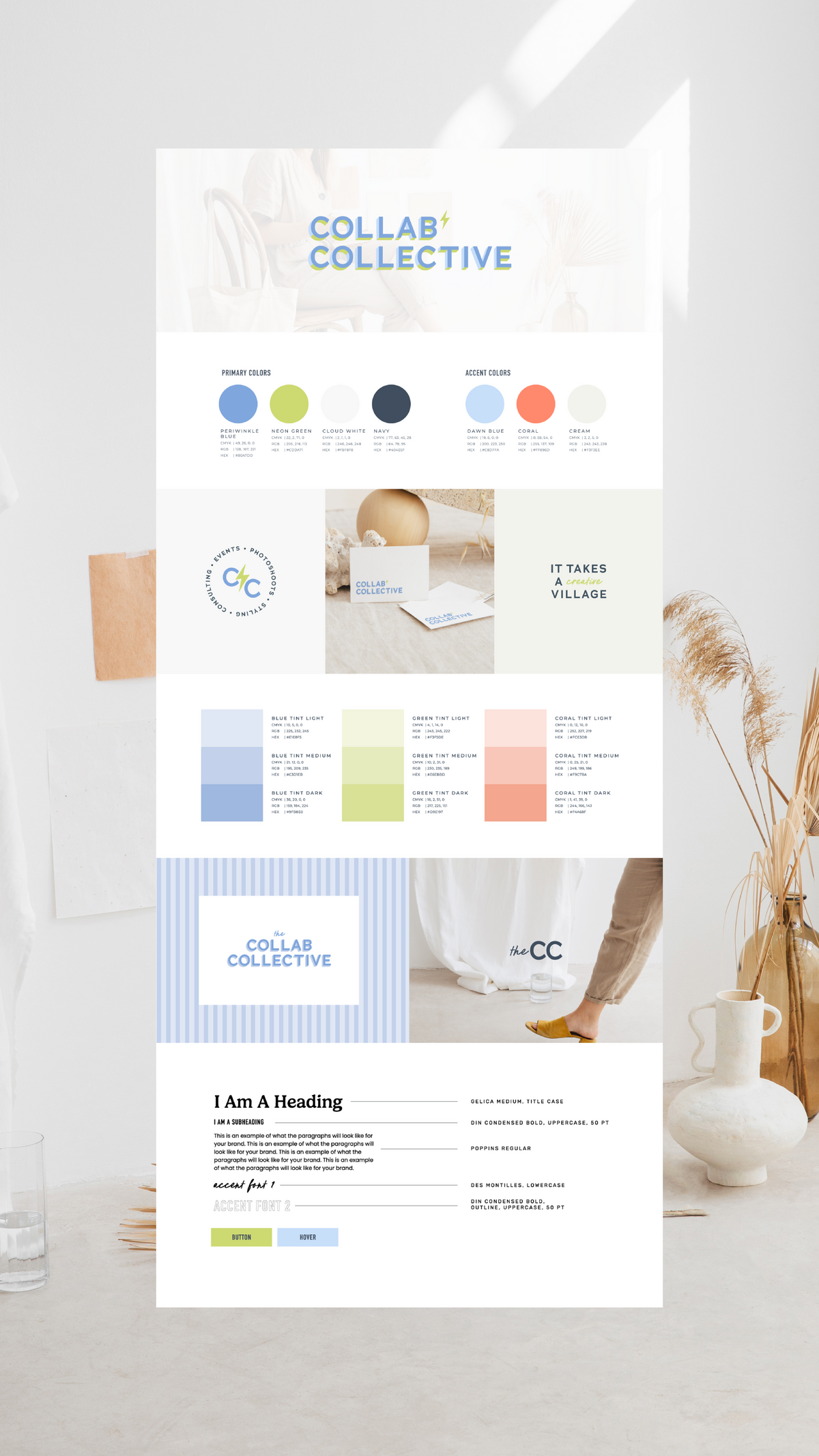 clean, minimal, colorful brand board for collaborative creative studio