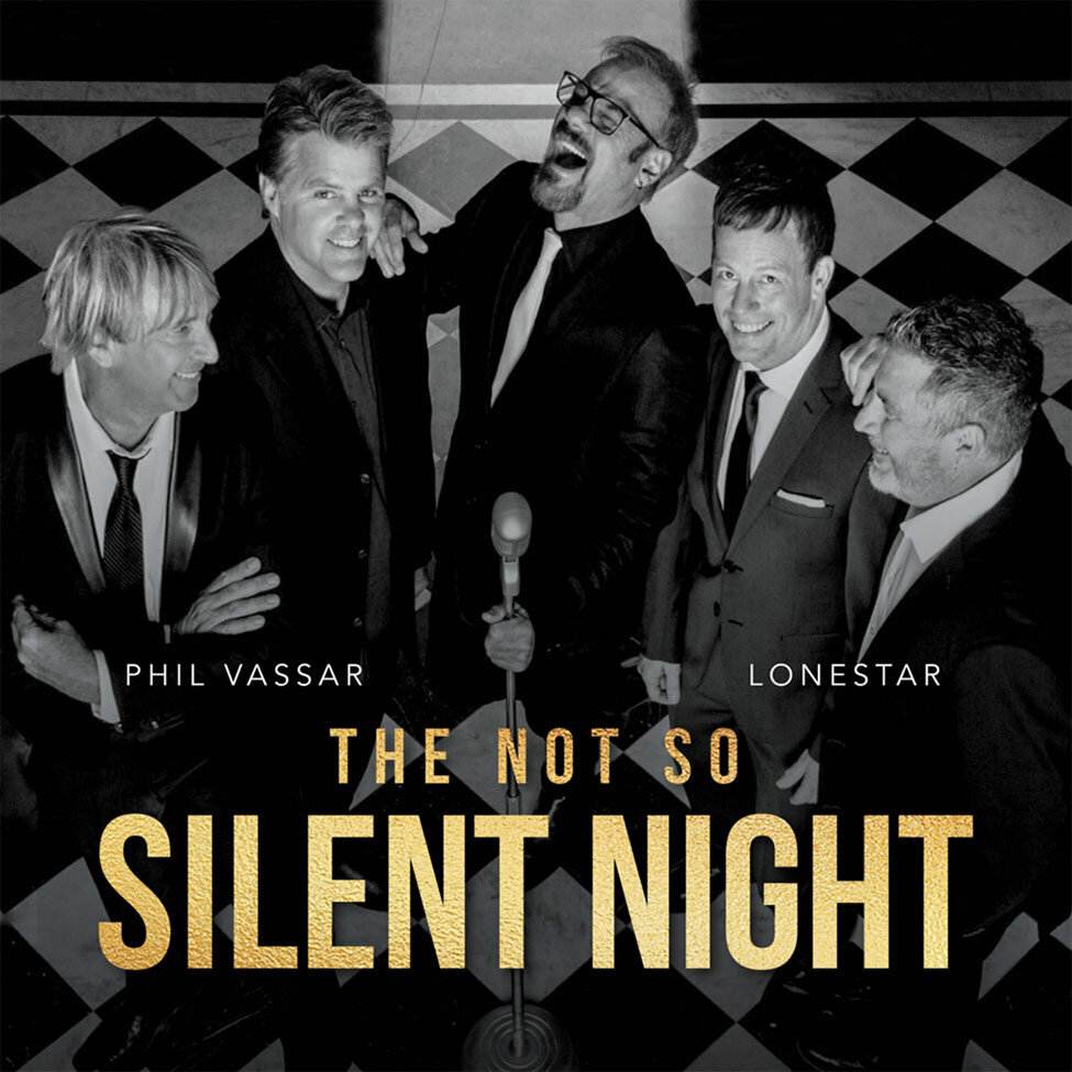 Lonestar With Phil Vassar Single Cover Title Silent Night all five men wearing suits high angle black and white checkered floor beneath them Phil looking up and laughing