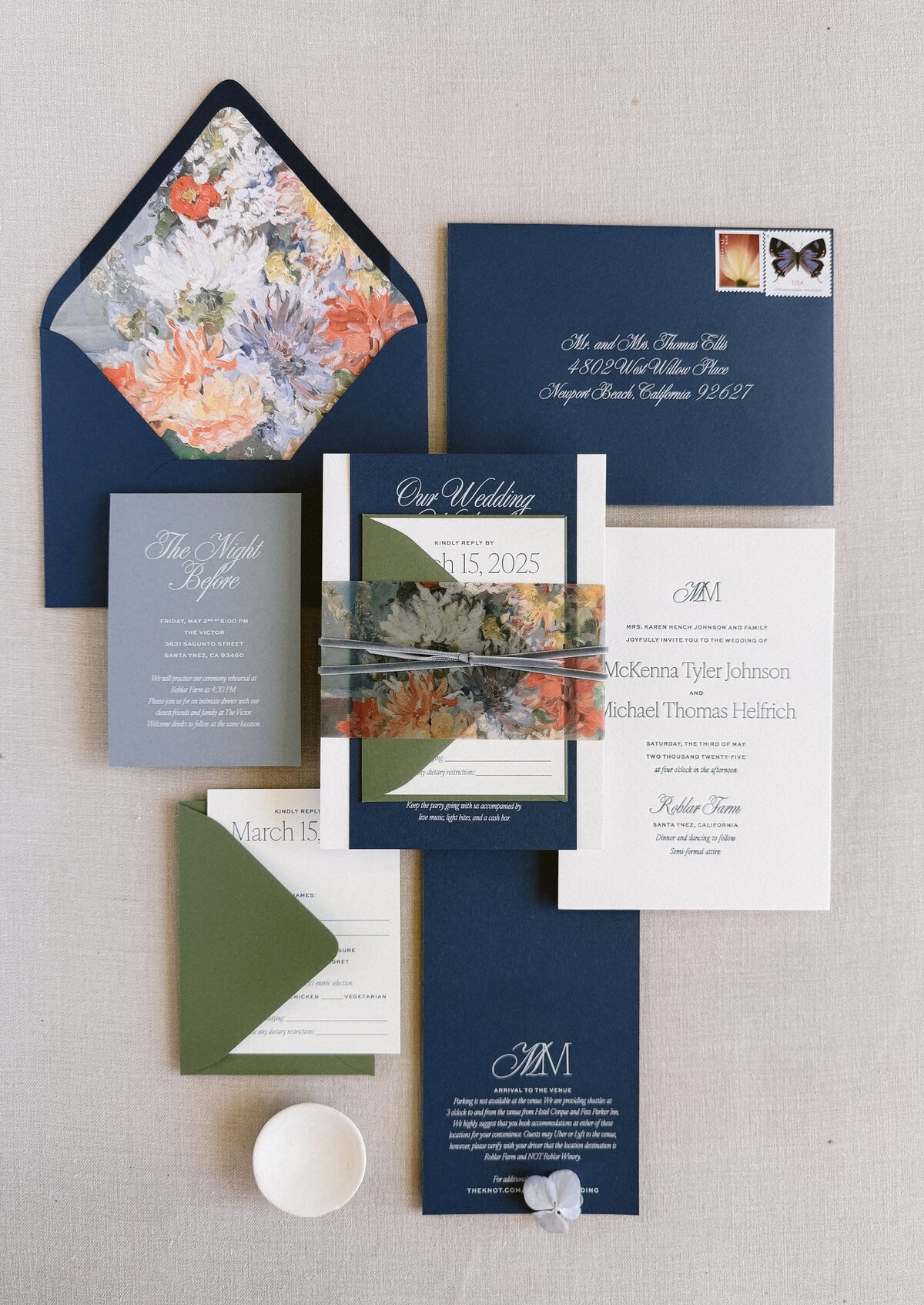 Custom blue and green wedding invitations