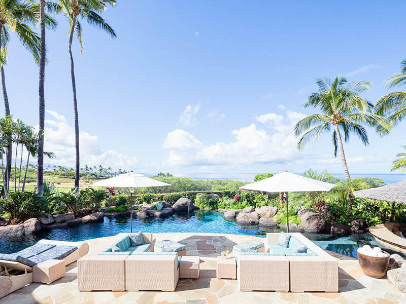 Pool patio overlooking the ocean at Mauna Kea Hawaii renovation project with interior design by Taleah Smith
