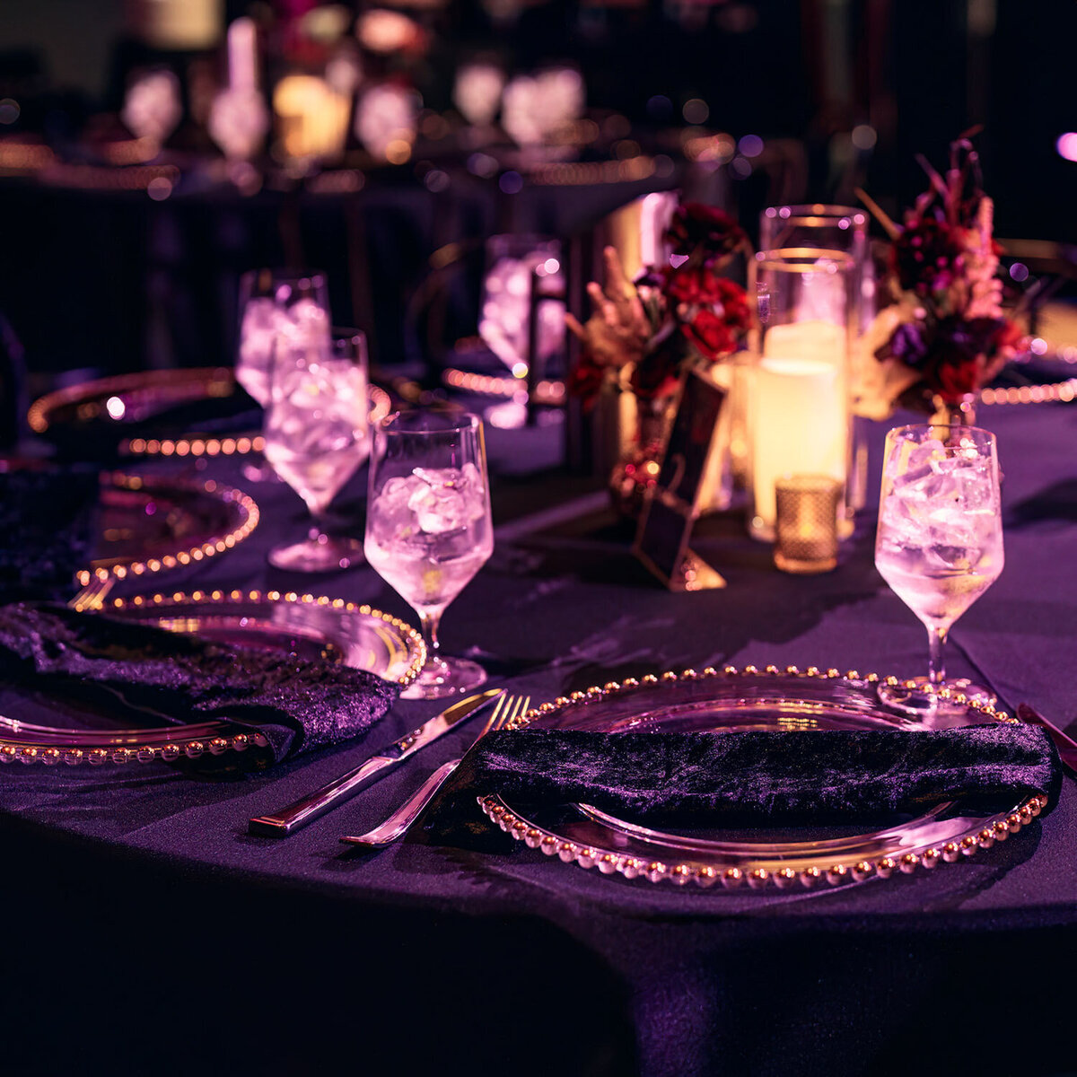 Purple themed wedding reception