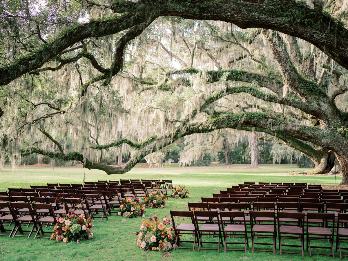 Wedding ceremony under the oak trees and spanish moss at Magnolia Plantation in Charleston, SC. Photography by Philip Casey.