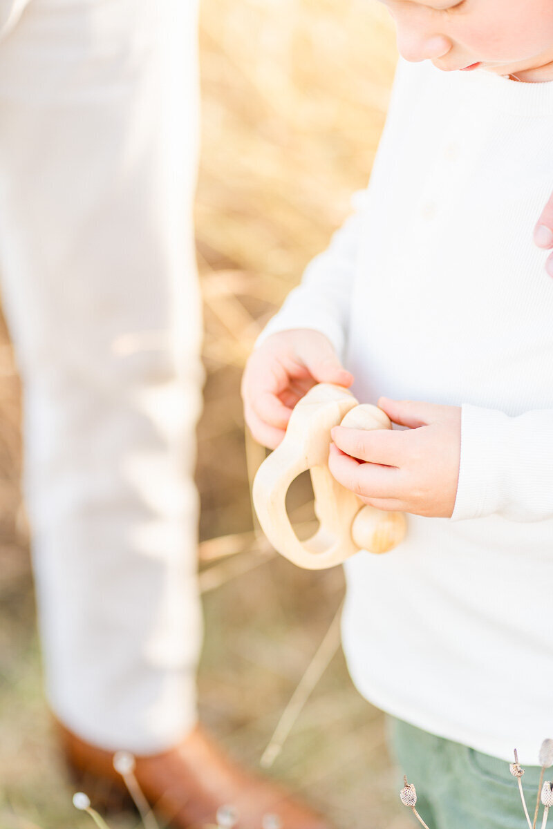 close-up picture of a young boy's hands playing with a wooden toy car during a family photo session.