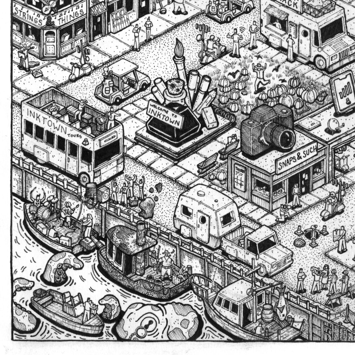 Isometric Pen and Ink illustration of a giant octopus that delivers the mail to a small house on stilts above the water.