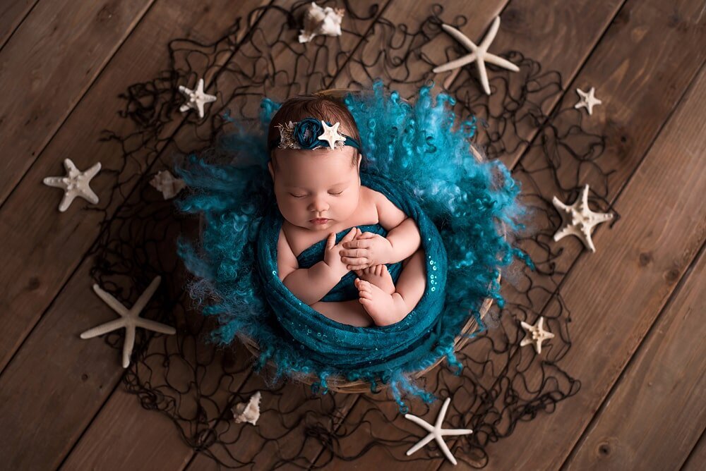 vancouver-newborn-photographer_baby-girl_teal-blue-seashell-ocean-basket