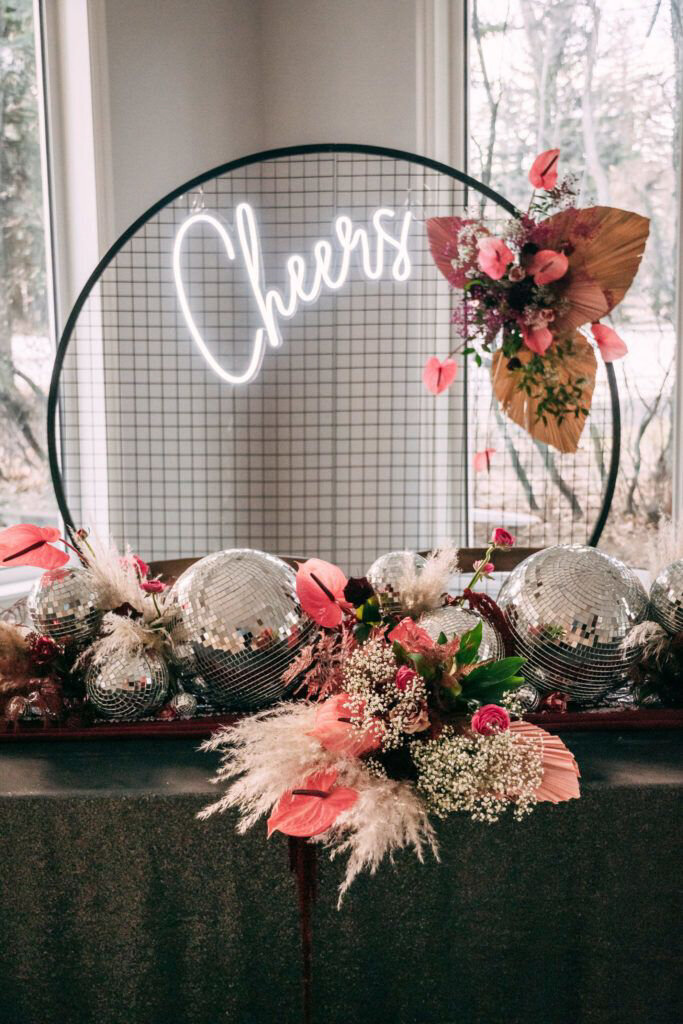 Bold pink retro inspired florals  by Bloomdigity Floral Studio, an contemporary, Lethbridge, Alberta wedding florist, featured on the Brontë Bride Vendor Guide.