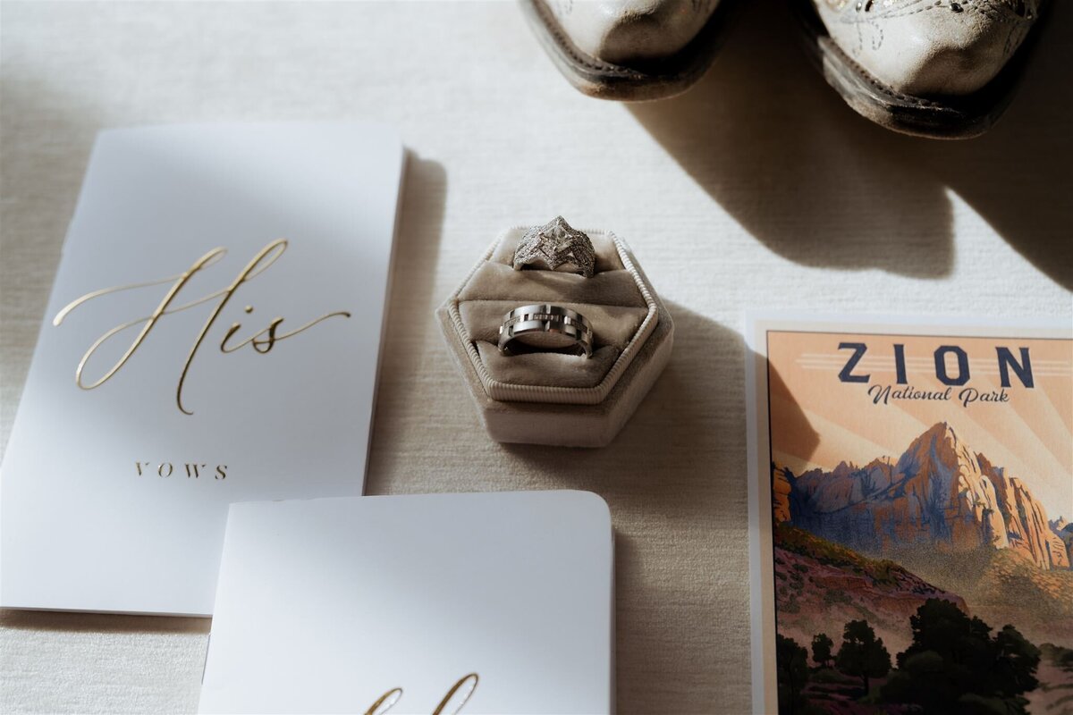 wedding details including vows, rings, boots, and park guide.