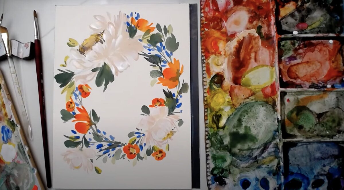live-2023-02-21-orange-white-blue-floral-wreath-gouache-1