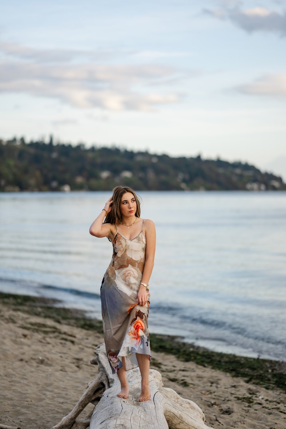 pnw beach high school girl in long dress