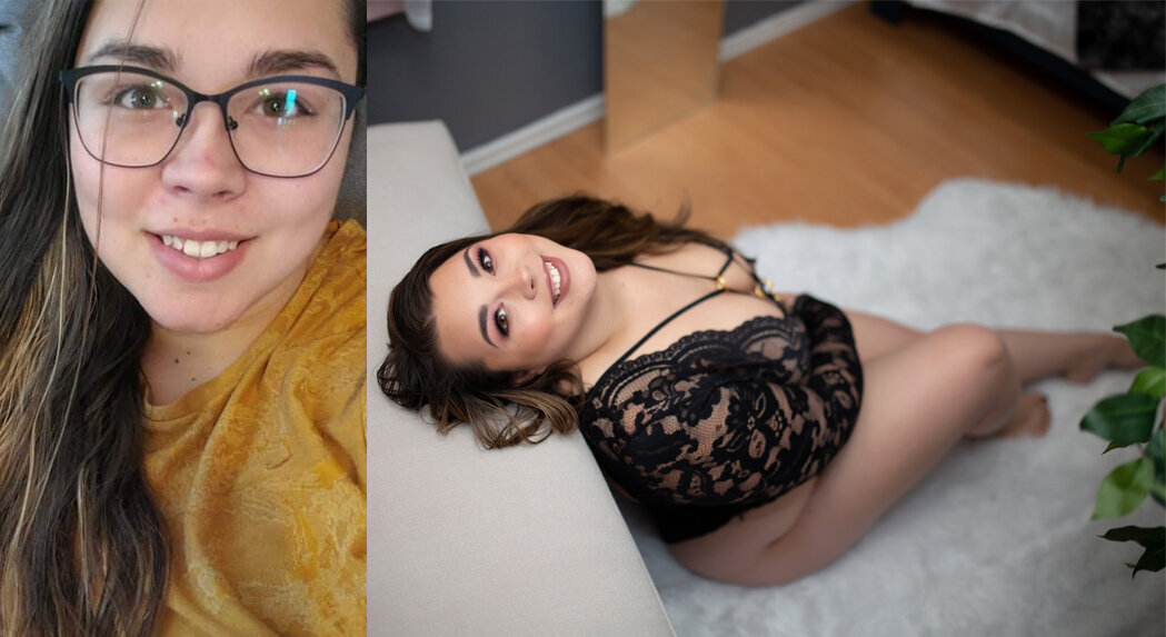 beautiful woman showing off her before and after boudoir shoot images