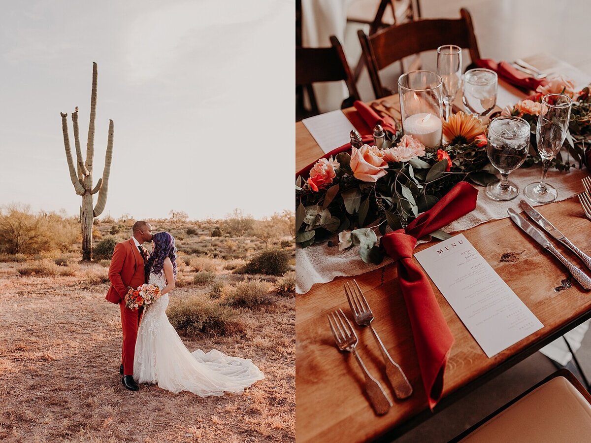 Bride and groom touch foreheads in front of a saguaro