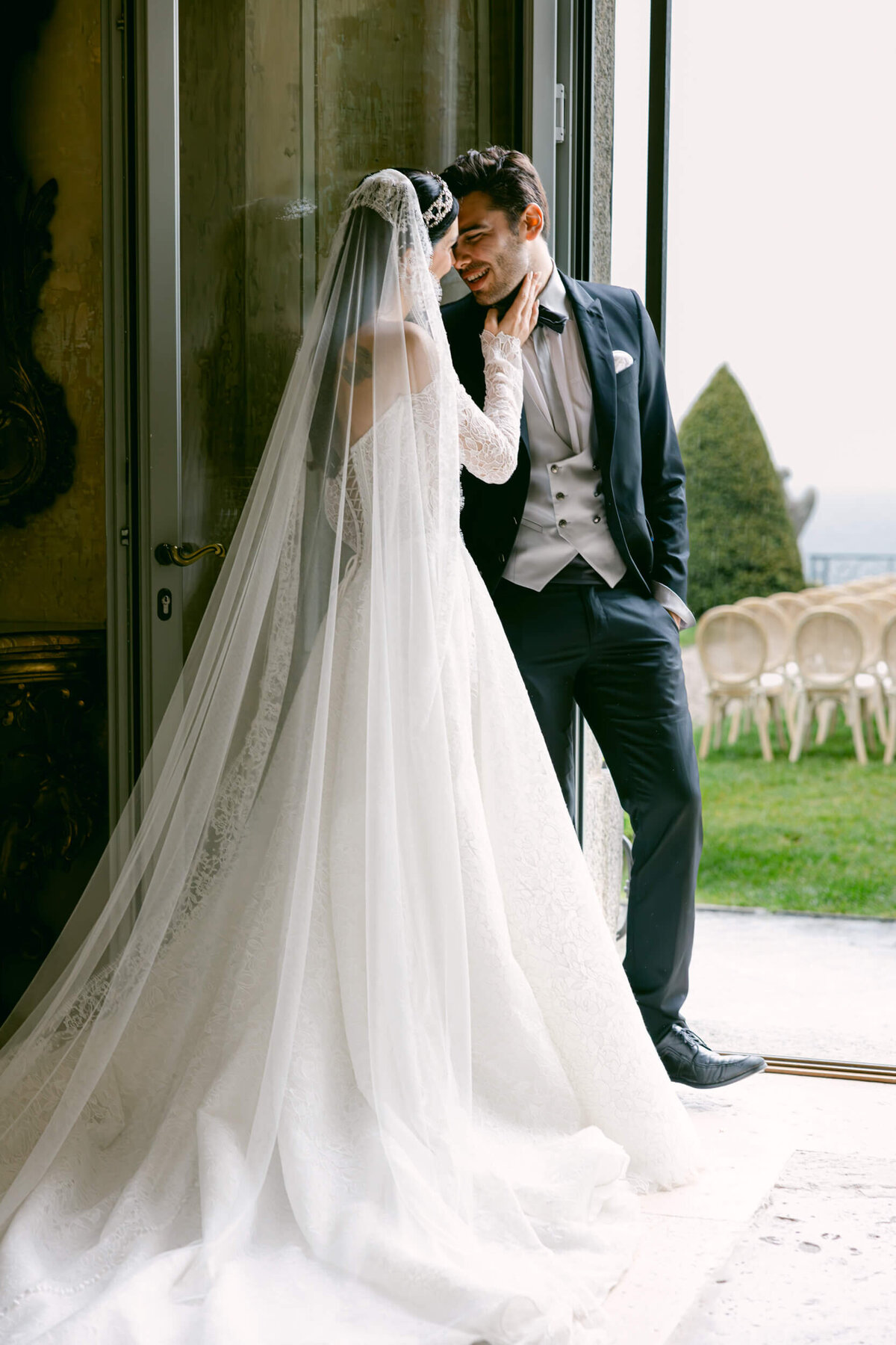A wedding photo of the couple at Villa Balbiano on Lake Como in Italy
