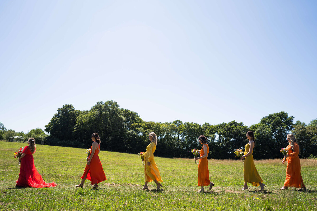 bridemaids-colourful-walking-hawthbush-farm-sussex