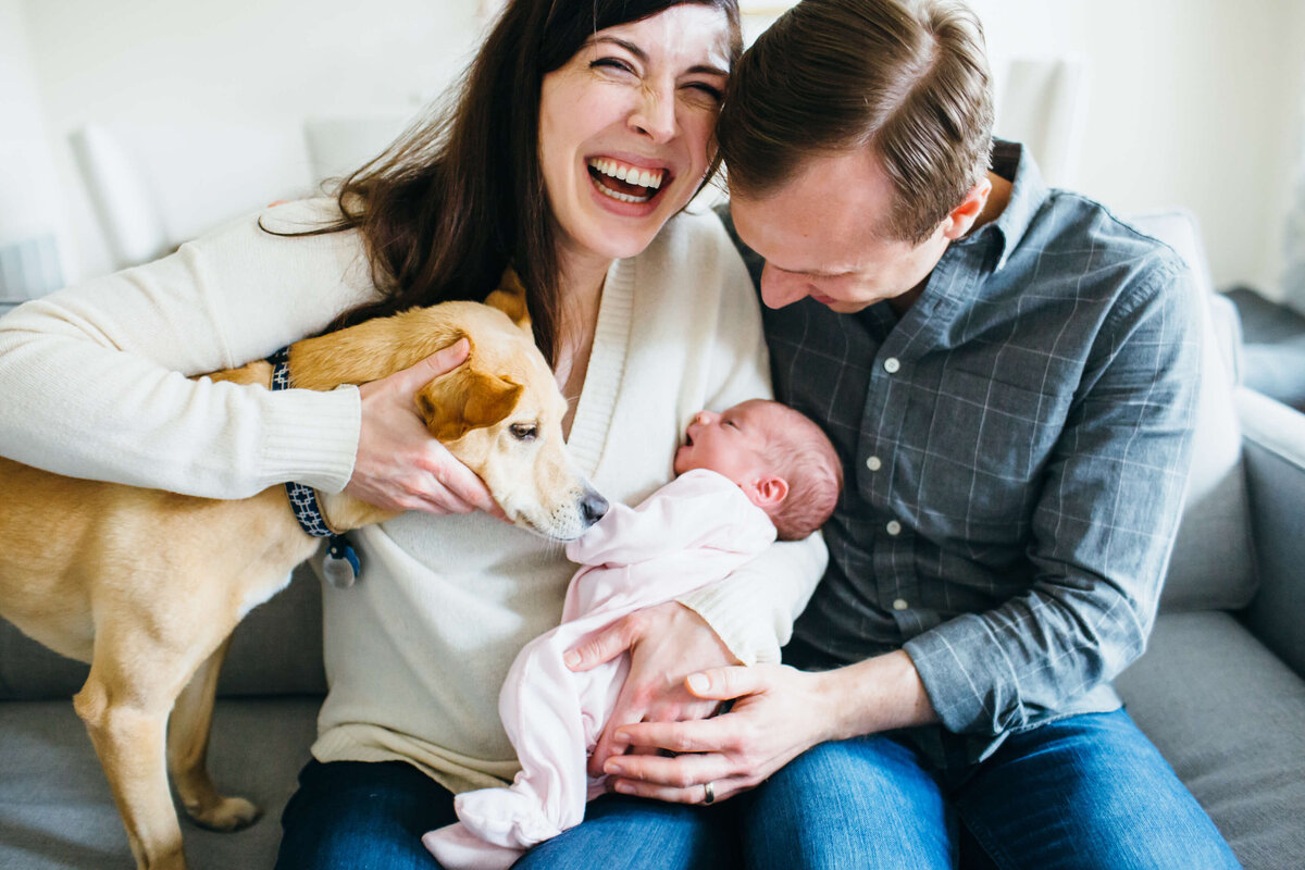 Boston Newborn  Lifestyle Photographer family laughing with dog-1