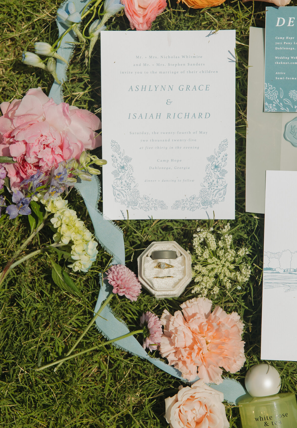 Wedding detail flatlay with colorful florals designed by Abby Grace Florals at Dahlonega GA wedding
