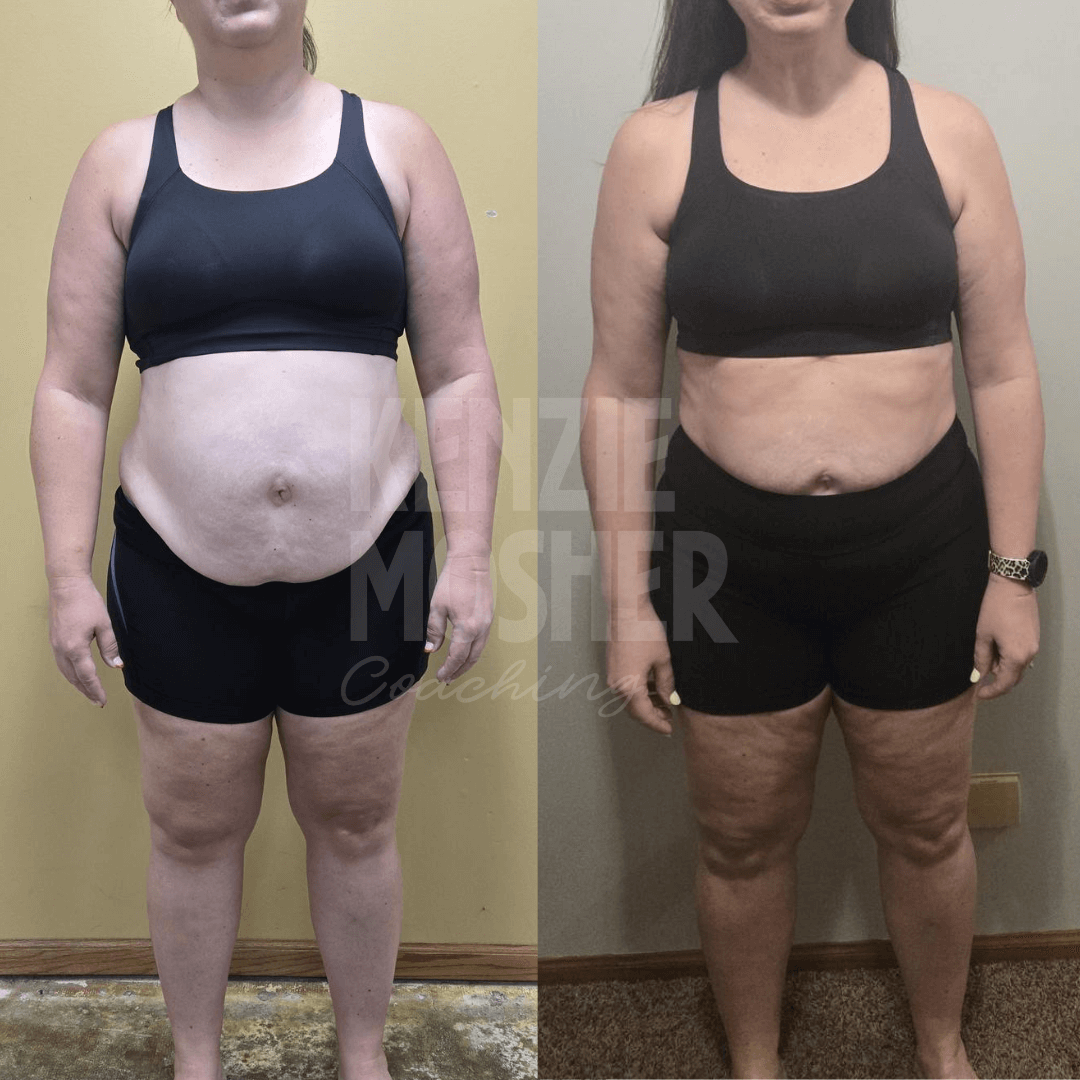 Before and after photo showing reduced bloating and visible fat loss.