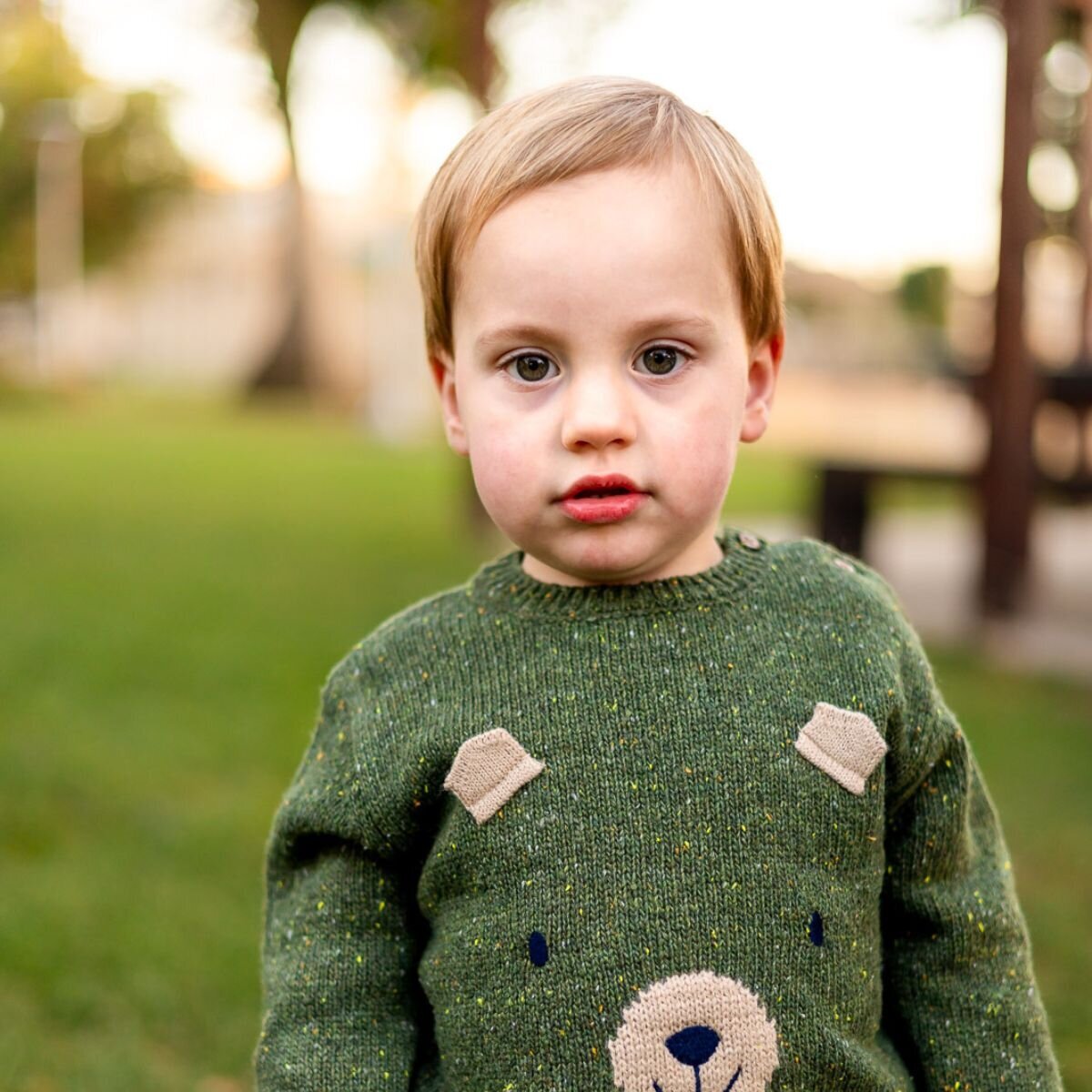 Toddler in green bear sweater looking at the camera during Bay Area school photography lifestyle session – Ellobelle Photography